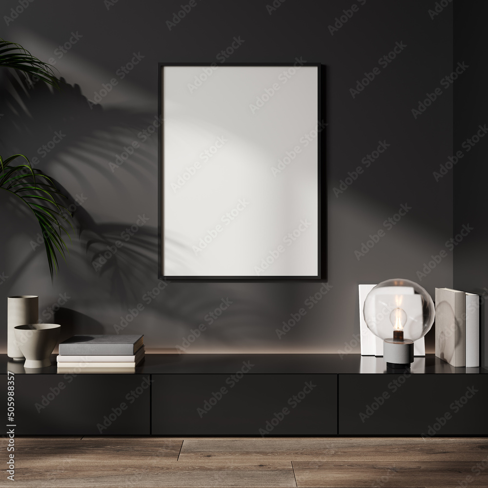 blank black poster frame mock up on black wall with palm leaf shadow and console with decoration, 3d illustration, 3d rendering blank black poster frame mock up on black wall with palm leaf shadow and console with decoration, 3d illustration, 3d rendering