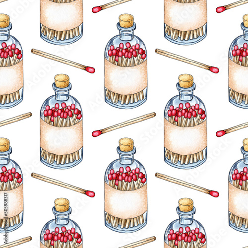 Watercolor illustration pattern of glass bottles with handmade matches. Get the flame. Light the fire. Burnt wooden stick. Hand drawn doodles. Isolated on white background. Drawn by hand.