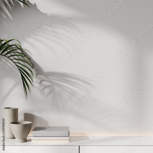 Fototapeta Naklejka Na Ścianę i Meble -  Empty wall mock up with leaves shadows and sunlight on white wall background, 3d rendering