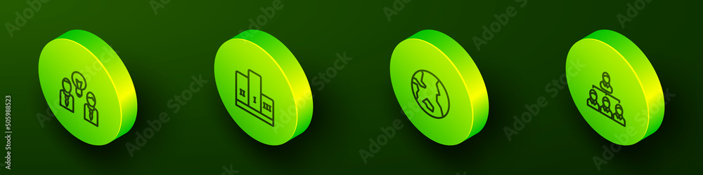 Set Isometric line People with lamp bulb, Award over winner podium, Earth globe and Hierarchy organogram chart icon. Vector Set Isometric line People with lamp bulb, Award over winner podium, Earth globe and Hierarchy organogram chart icon. Vector