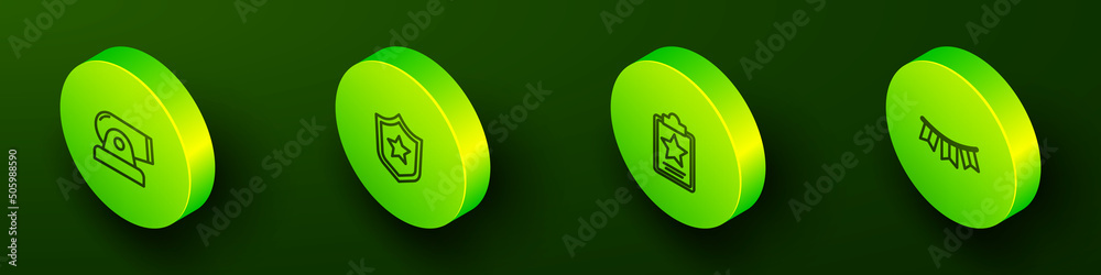 Set Isometric line Cannon, Police badge, USA Independence day and Carnival garland with flags icon. Vector Set Isometric line Cannon, Police badge, USA Independence day and Carnival garland with flags icon. Vector