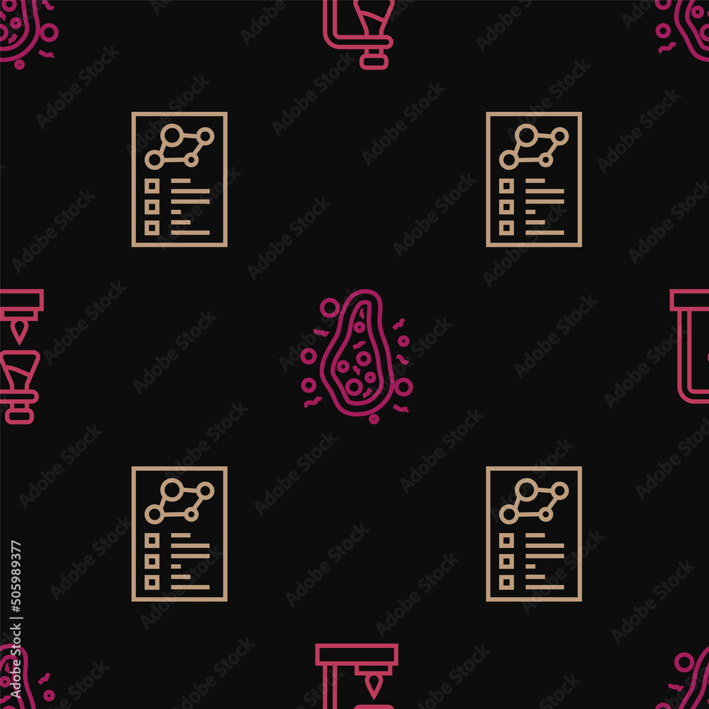 Set line Test tube flask on fire, Clinical record and Bacteria on seamless pattern. Vector