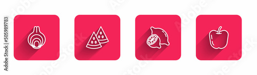 Set line Onion, Watermelon, Lemon and Apple with long shadow. Red square button. Vector