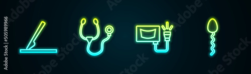Set line Medical surgery scalpel, Stethoscope, Ultrasound and Sperm. Glowing neon icon. Vector