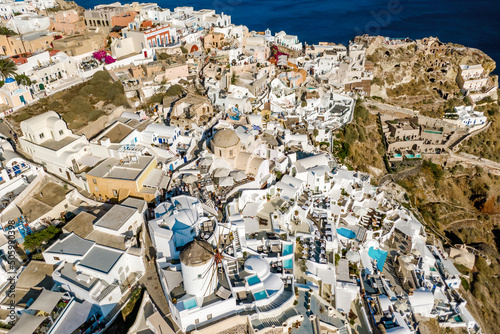 Aerial view of Santorini island. Greek architecture with white buildings.