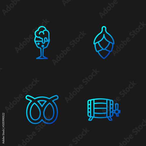 Set line Wooden barrel, Pretzel, Glass of beer and Hop. Gradient color icons. Vector