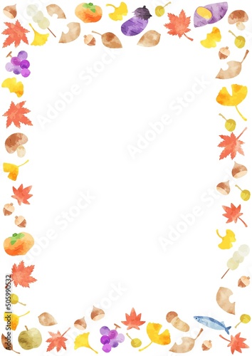 かわいい水彩の秋の味覚と植物のフレームイラスト