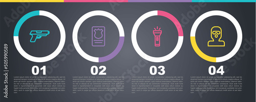 Set line Pistol or gun, Police badge with id case, Flashlight and Thief mask. Business infographic template. Vector