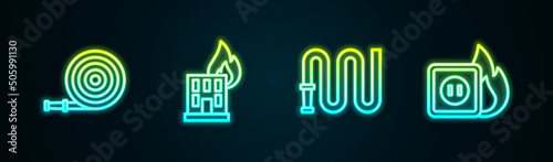Set line Fire hose reel, in burning building, and Electric wiring of socket fire. Glowing neon icon. Vector