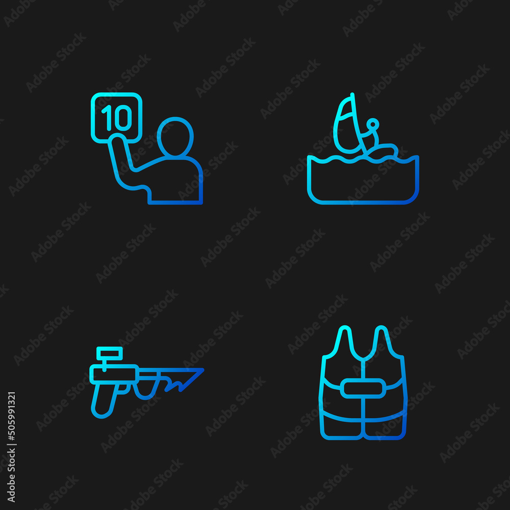 Set line Life jacket, Fishing harpoon, Assessment of judges and Windsurfing. Gradient color icons. Vector Set line Life jacket, Fishing harpoon, Assessment of judges and Windsurfing. Gradient color icons. Vector