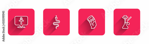 Set line Cross ankh, Snake, Nefertiti and Hookah with long shadow. Red square button. Vector