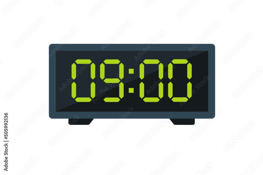 Vector flat illustration of a digital clock displaying 09.00 . Illustration of alarm with digital number design. Clock icon for hour, watch, alarm signs. Vector flat illustration of a digital clock displaying 09.00 . Illustration of alarm with digital number design. Clock icon for hour, watch, alarm signs.