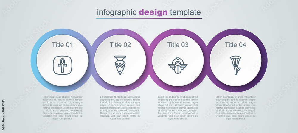 Set line Cross ankh, Egyptian vase, Scarab and lotus. Business infographic template. Vector