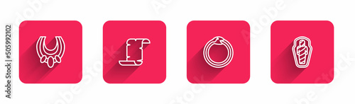 Set line Egyptian necklace, Papyrus scroll, Magic symbol of Ouroboros and mummy in sarcophagus with long shadow. Red square button. Vector