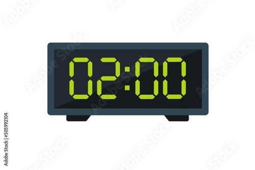 Vector flat illustration of a digital clock displaying 02.00 . Illustration of alarm with digital number design. Clock icon for hour, watch, alarm signs.