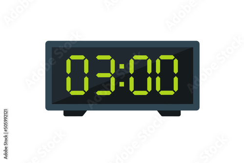 Vector flat illustration of a digital clock displaying 03.00 . Illustration of alarm with digital number design. Clock icon for hour, watch, alarm signs.