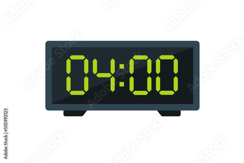 Vector flat illustration of a digital clock displaying 04.00 . Illustration of alarm with digital number design. Clock icon for hour, watch, alarm signs.