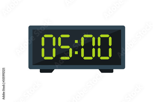 Vector flat illustration of a digital clock displaying 05.00 . Illustration of alarm with digital number design. Clock icon for hour, watch, alarm signs.