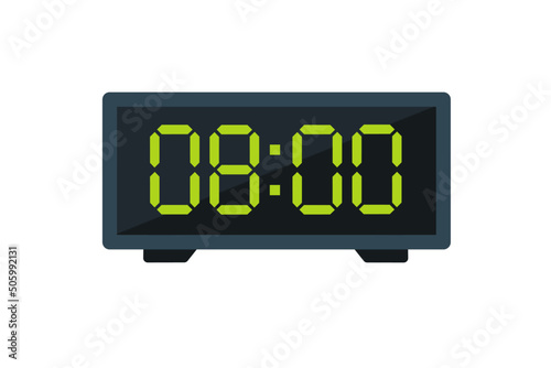 Vector flat illustration of a digital clock displaying 08.00 . Illustration of alarm with digital number design. Clock icon for hour, watch, alarm signs.