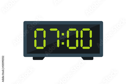 Vector flat illustration of a digital clock displaying 07.00 . Illustration of alarm with digital number design. Clock icon for hour, watch, alarm signs.