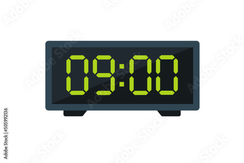 Vector flat illustration of a digital clock displaying 09.00 . Illustration of alarm with digital number design. Clock icon for hour, watch, alarm signs.