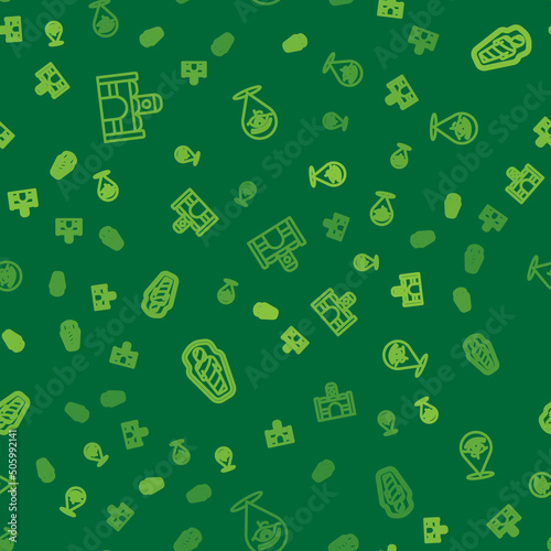 Set line Egyptian house, mummy in sarcophagus and Eye of Horus on seamless pattern. Vector
