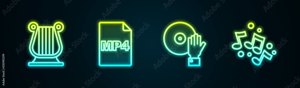 Set line Ancient Greek lyre, MP4 file document, DJ playing music and Music note, tone. Glowing neon icon. Vector Set line Ancient Greek lyre, MP4 file document, DJ playing music and Music note, tone. Glowing neon icon. Vector