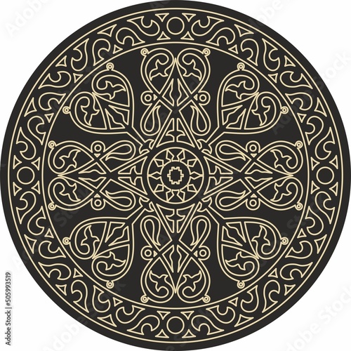 Vector gold on a black background Yakut round ornament. The circle of the ancestors of the northern peoples of the tundra. Talisman, amulet, protection symbol of longevity and infinity.