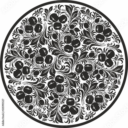 Vector monochrome round Russian national ornament Khokhloma. Plate, tray with ethnic traditional floral and berry design. Circle for sandblasting, plotter and laser cutting.