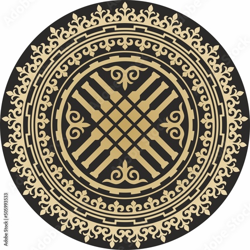Vector golden round kazakh ornament shanyrak. circle on the roof of the yurt. Patterns of the peoples of the great steppe. Asian border in a circle. Mongolia, Kalmykia, Bashkiria, Buryatia, Kyrgyzstan