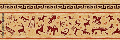 Ethnic border on the theme of rock paintings, vector design. Seamless pattern, banner.