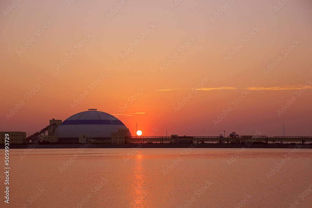 Yangtze River port and sunset in Jiangyin City, Jiangsu Province, China