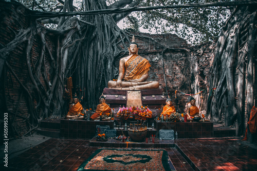 Wat Sai temple ruin covered by banyan tree roots, in Sing Buri Thailand photo