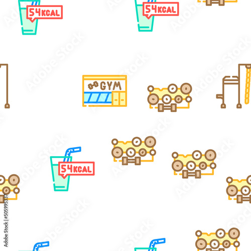 Fitness Gym Sportive Equipment Vector Seamless Pattern Color Line Illustration