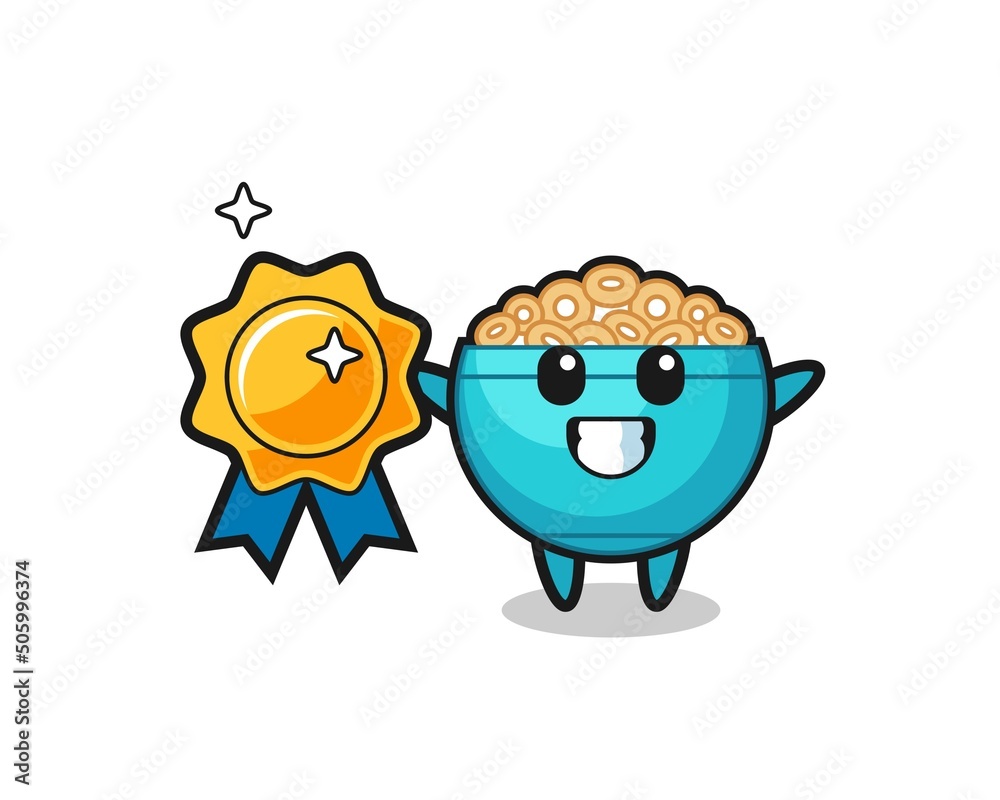 Fototapeta premium cereal bowl mascot illustration holding a golden badge