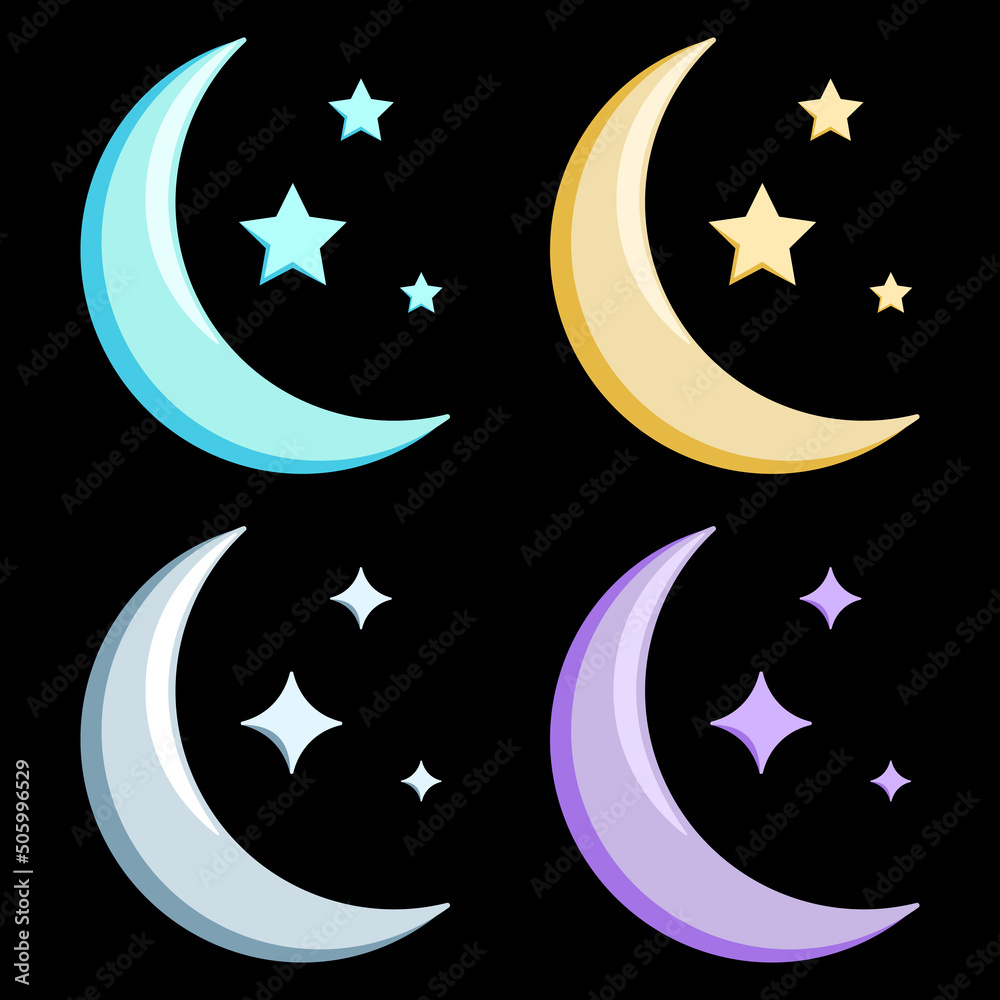 set colorful crescent moon flat cartoon style isolated black background set colorful crescent moon flat cartoon style isolated black background