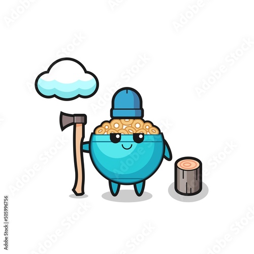 Character cartoon of cereal bowl as a woodcutter