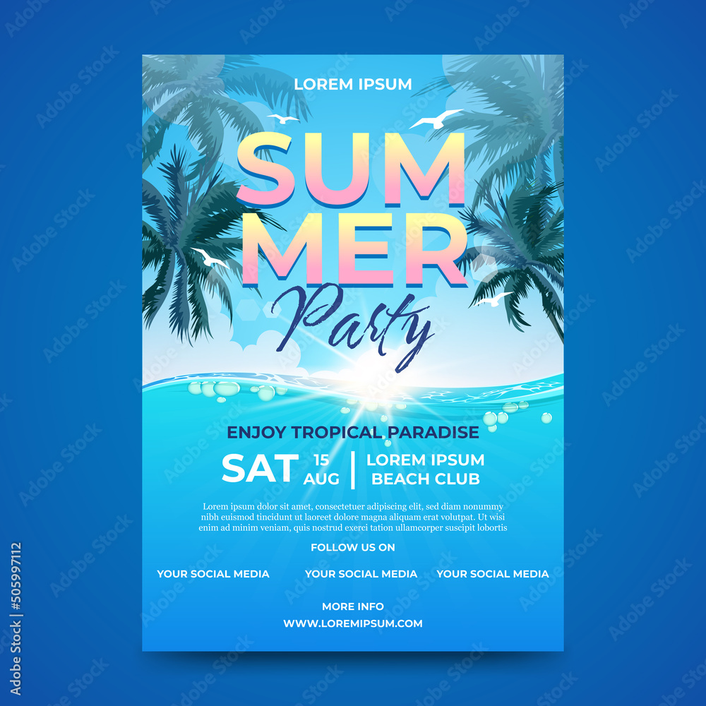 Φωτογραφία summer party flyer design. tropical beach background.
