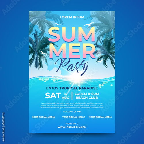 summer party flyer design. tropical beach background.