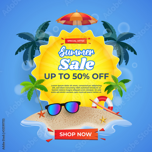 Summer sale design template with tropical leaves on island background