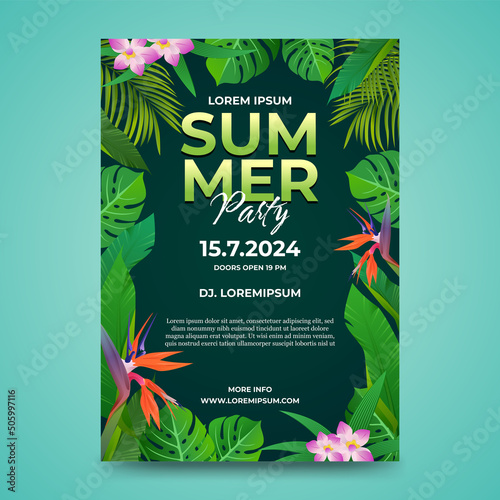 Summer party flyer or poster template with flower and tropical leaves.