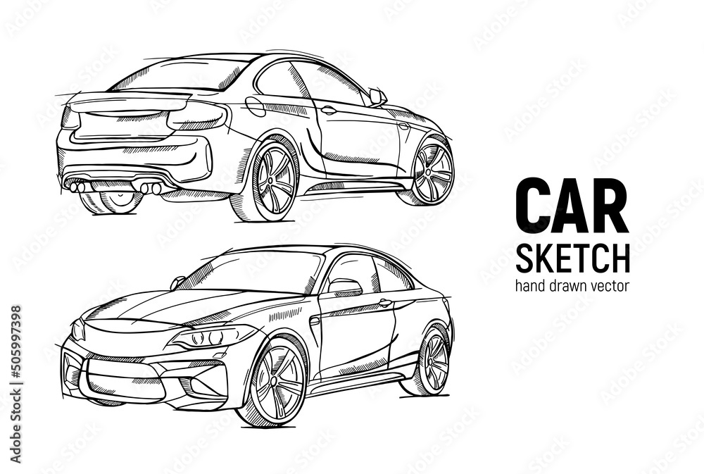 Hand drawn sketch car vector set. Three-quarter view and half-turn view. Sedan car. Pencil design. - obrazy, fototapety, plakaty 