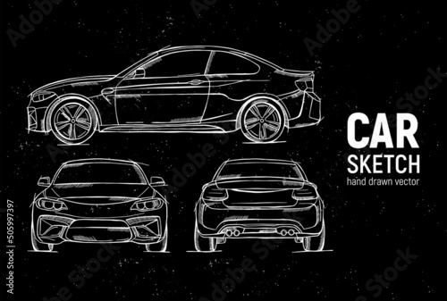 Hand drawn sketch car vector set. Front, back and side view. Sedan car. Pencil design.