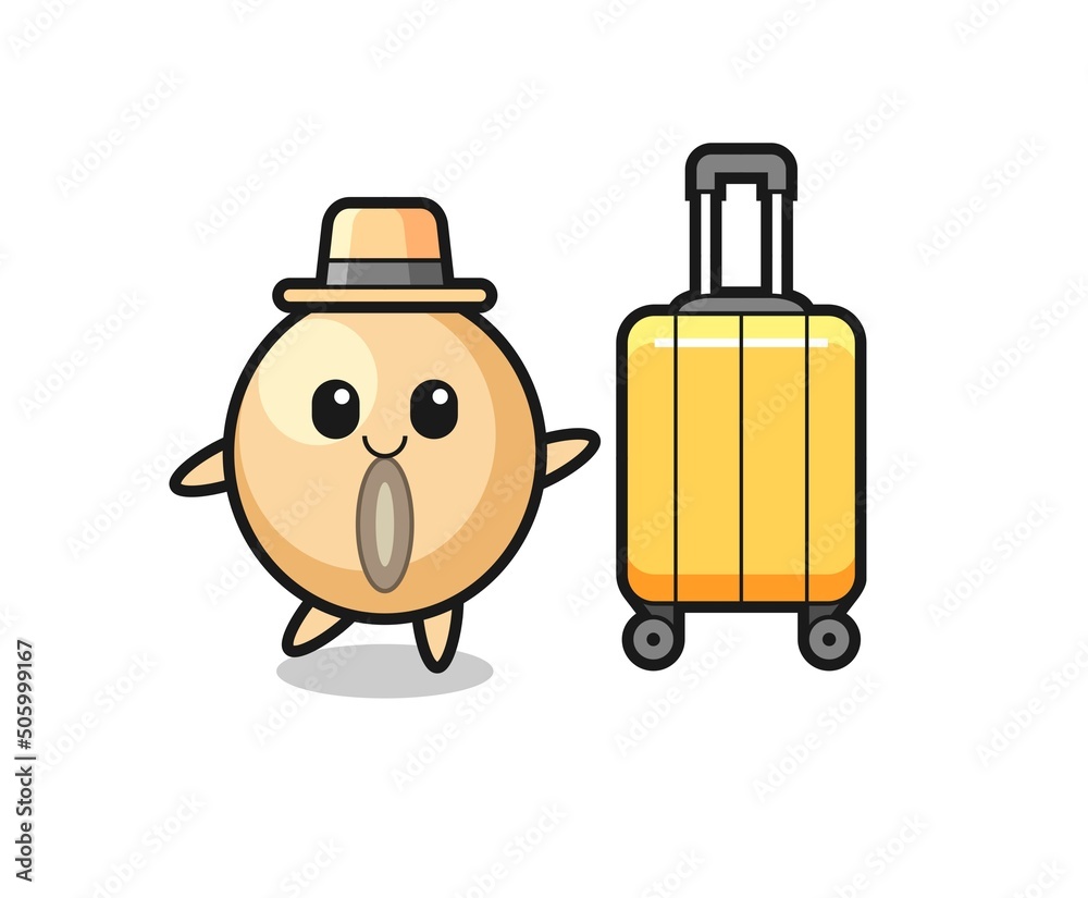 soy bean cartoon illustration with luggage on vacation