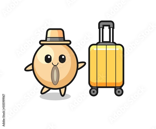 soy bean cartoon illustration with luggage on vacation