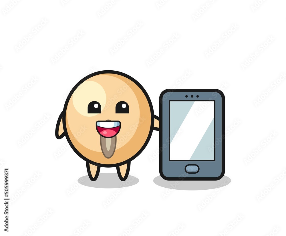 soy bean illustration cartoon holding a smartphone soy bean illustration cartoon holding a smartphone