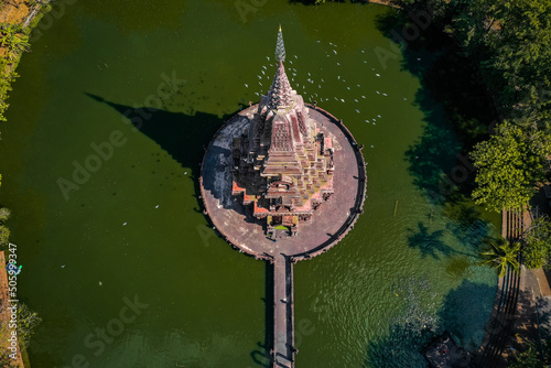 Aerial view of Wat Huai Kaeo or Wat Huay Kaew pagoda temple in Lopburi,Thailand photo