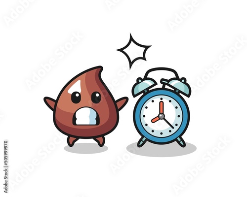 Cartoon Illustration of choco chip is surprised with a giant alarm clock