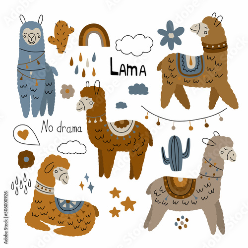 Set with cute llamas in different poses. Vector illustration in boho style on a white background for your design