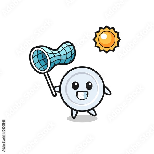 plate mascot illustration is catching butterfly